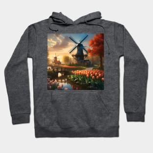 Windmill in Dutch Countryside by River with Tulips Hoodie